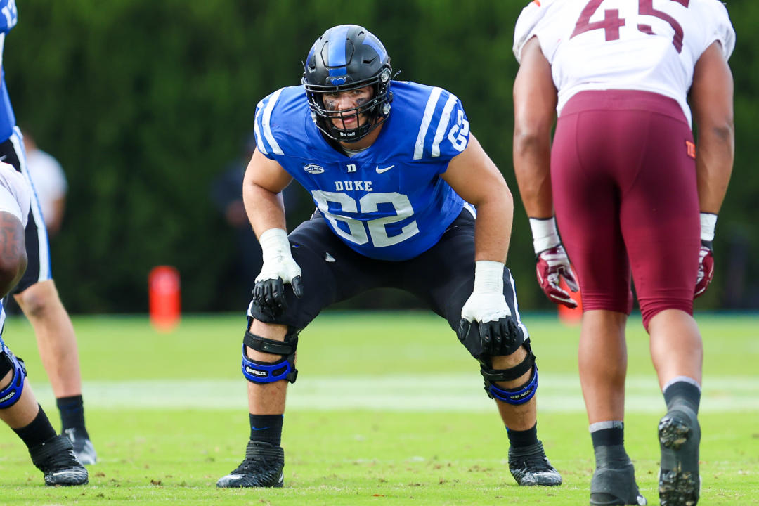 DURHAM, NC - NOVEMBER 12: Graham Barton (62) of the Duke Blue Devils gets set on the line during a football game between the Duke Blue Devils and the Virginia Tech Hokies on Nov 12, 2022 at Wallace Wade Stadium in Durham, NC. (Photo by David Jensen/Icon Sportswire via Getty Images)