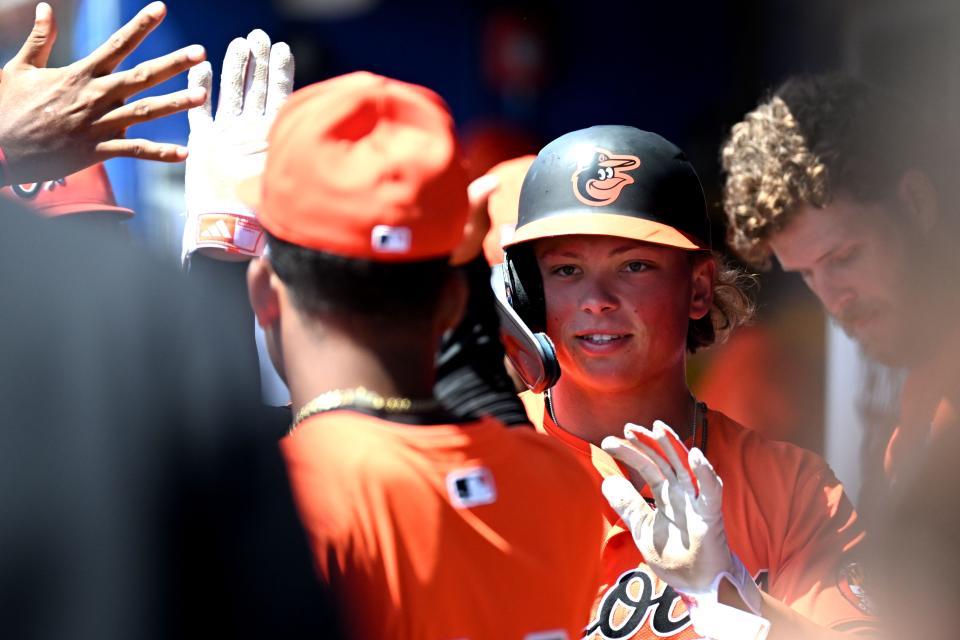 Mar 19, 2024; Dunedin, Florida, USA; Baltimore Orioles second baseman Jackson Holliday (87) celebrates with his teammates after scoring a run in the first inning of the spring training game against the Toronto Blue Jays at TD Ballpark. Mandatory Credit: Jonathan Dyer-USA TODAY Sports