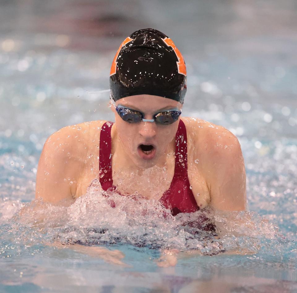 Marlington’s Claire Cox swims the breast stroke portion of the 200 yard medley relay at the OHSAA Div. II State Swimming prelims held at Branin Natatorium in Canton Ohio, Thursday, Feb. 23, 2023.