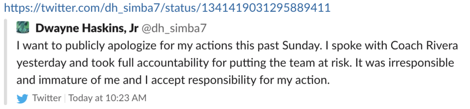 Dwayne Haskins apologized for putting the team at risk. (Screenshot via @dh_simba7 on Twitter)