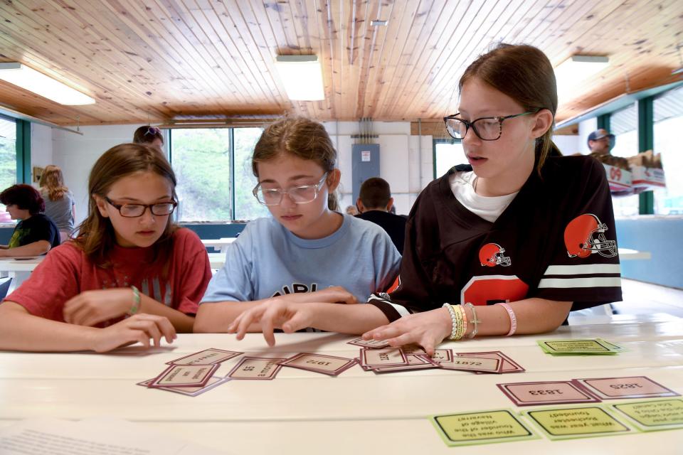 Fairless Elementary School fifth graders McKenzie Blaney, 10, Vanessa Nave, 10, and Brooklynn Hodge, 11, participate in a trivia memory game during an outing at the Navarre-Bethlehem Township Park.