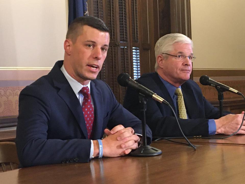 Speaker of the House Lee Chatfield, R-Levering, and Senate Majority Leader Mike Shirkey, R-Clarklake, as they talk to reporters Thursday, January 30, 2020 about Gov. Gretchen Whitmer's State of the State speech.