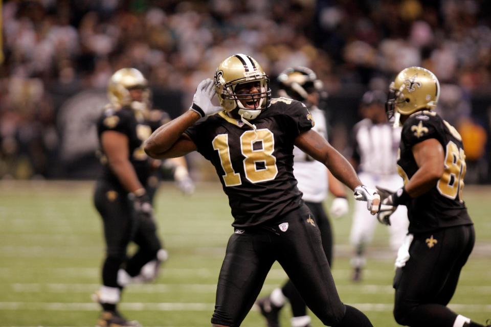 Nov. 4, 2007; New Orleans, LA, USA; New Orleans Saints wide receiver (18) Terrance Copper celebrates during the second half against the Jacksonville Jaguars at the Louisiana Superdome. The Saints defeated the Jaguars 41-24. Mandatory Credit: Matt Stamey-USA TODAY Sports Copyright © 2007 Matt Stamey