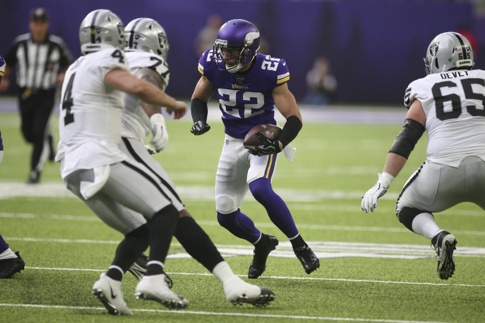 Minnesota Vikings free safety Harrison Smith (22) returns an interception during the first half of an NFL football game against the Oakland Raiders, Sunday, Sept. 22, 2019, in Minneapolis. (AP Photo/Jim Mone)