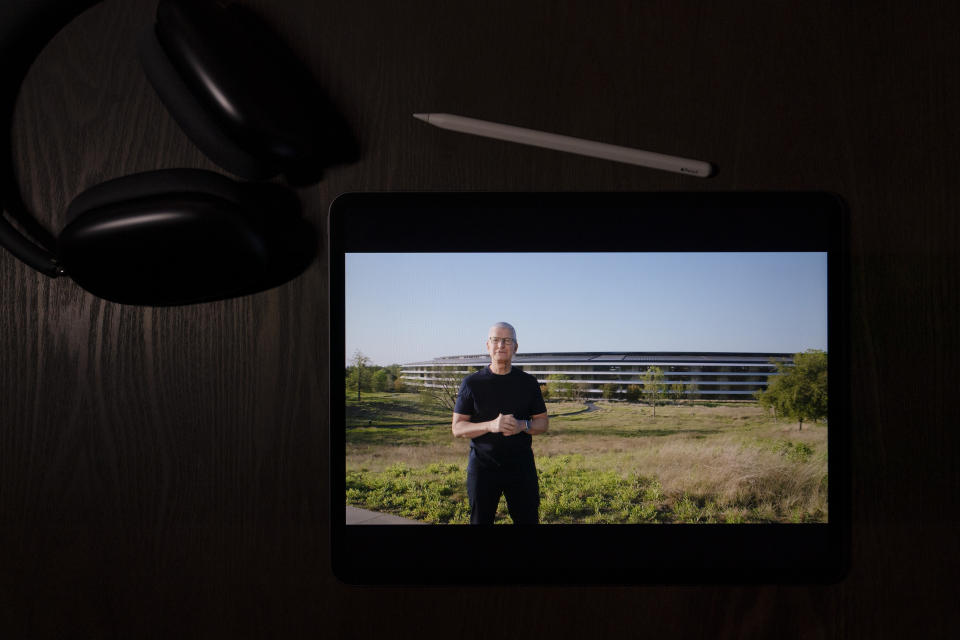 This photo in La Habra, Calif., shows Apple CEO Tim Cook speaking during a virtual event to announce new Apple products, Tuesday, April 20, 2021. (AP Photo/Jae C. Hong)