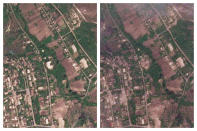 This combination of May 7, and May 8, 2022 satellite images from Planet Labs PBC shows a school, center, in the village of Bilohorivka, Ukraine, before and after a Russian airstrike. Ukrainian officials fear the strike killed some 60 people taking shelter in the school's basement. (Planet Labs PBC via AP)