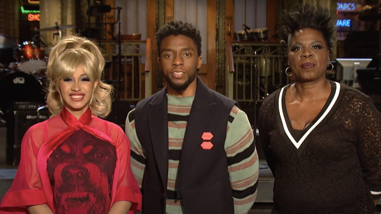  Cardi B, Leslie Jones, Chadwick Boseman in SNL Promo in 2018. 