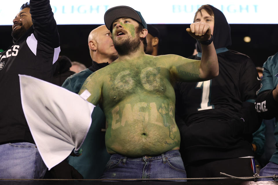 PHILADELPHIA, PENNSYLVANIA - JANUARY 29: A Philadelphia Eagles fan celebrates in the NFC Championship Game between the San Francisco 49ers and the Philadelphia Eagles at Lincoln Financial Field on January 29, 2023 in Philadelphia, Pennsylvania. (Photo by Tim Nwachukwu/Getty Images)