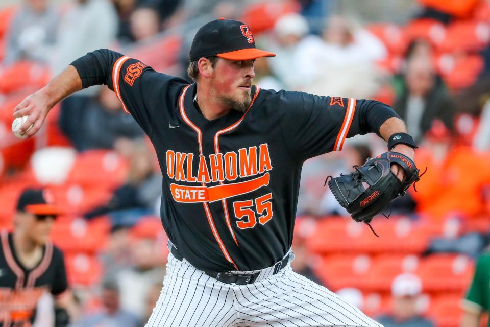 Oklahoma State pitcher Ben Abram (55) pitches during a college baseball game between the Oklahoma State Cowboys (OSU) and the Baylor Bears at O’Brate Stadium in Stillwater, Okla., on Saturday, March 25, 2023.