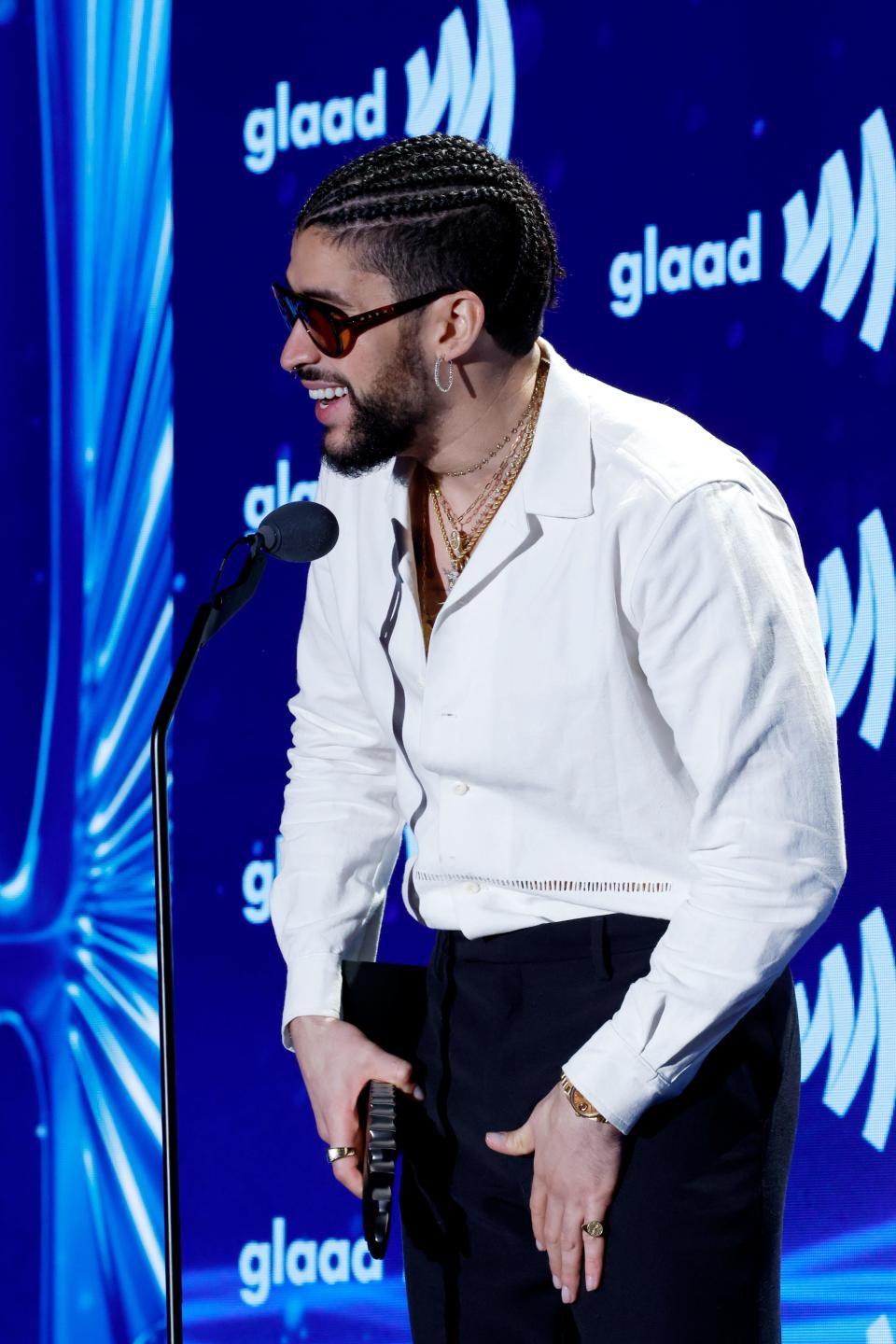 Bad Bunny speaks onstage during the GLAAD Media Awards at The Beverly Hilton on March 30, 2023, in Beverly Hills, California.