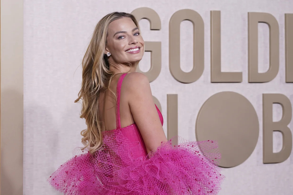 Margot Robbie arrives at the 81st Golden Globe Awards on Sunday, Jan. 7, 2024, at the Beverly Hilton in Beverly Hills, Calif. (Photo by Jordan Strauss/Invision/AP)