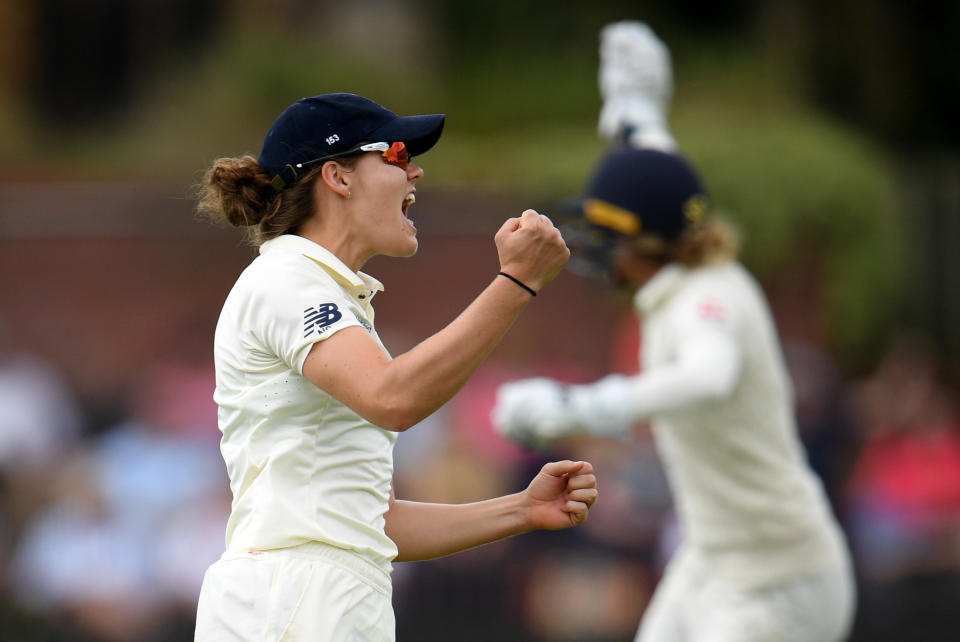 Nat Sciver celebrates dismissing Jess Jonassen of Australia last summerGetty