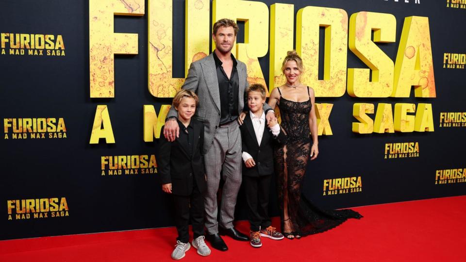 PHOTO: Elsa Pataky and Chris Hemsworth pose alongside their children Tristan and Sasha during the Australian premiere of 'Furiosa: A Mad Max Saga,' May 2, 2024, in Sydney, Australia.  (Don Arnold/WireImage/Getty Images)