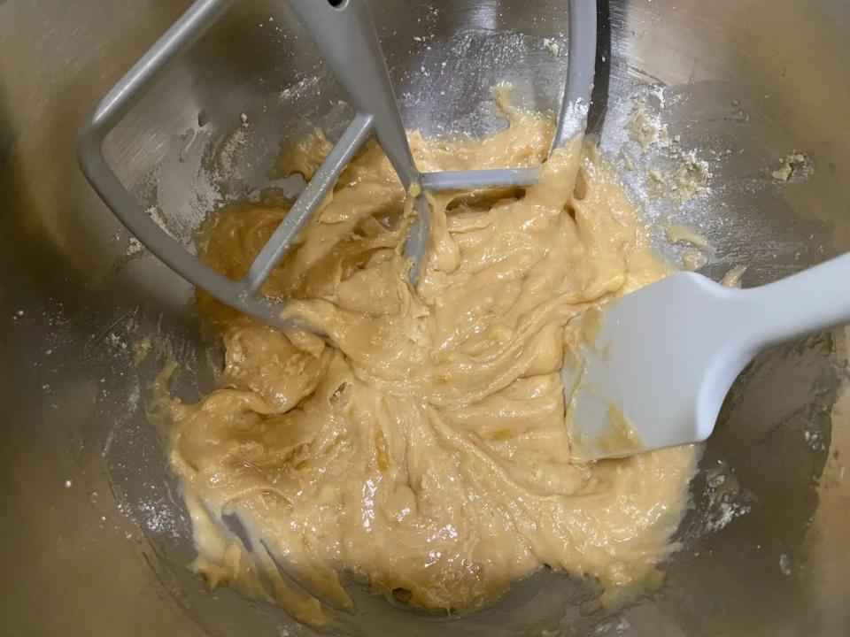 Banana-muffin batter in a mixer.