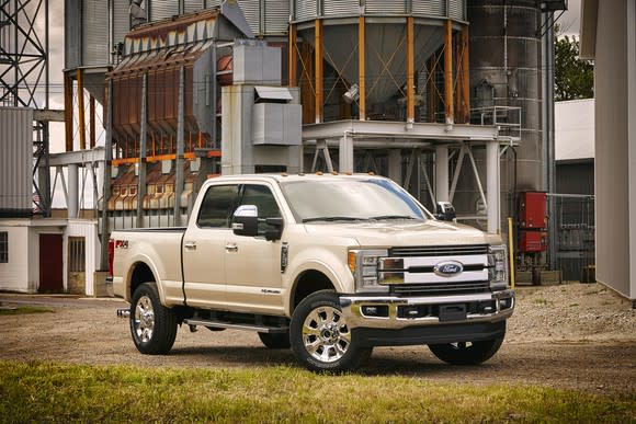 A cream-colored 2017 Ford F-350 Super Duty pickup.