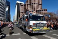 Feb 9, 2016; Denver, CO, USA; Denver Broncos outside linebacker Von Miller (58) waves to the crowd during the Super Bowl 50 championship parade at Civic Center Park. Mandatory Credit: Ron Chenoy-USA TODAY Sports