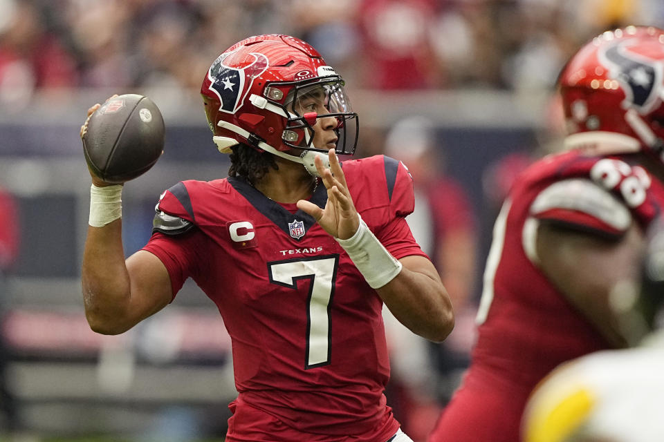 Houston Texans quarterback C.J. Stroud (7) throws against the Pittsburgh Steelers during the first half of an NFL football game Sunday, Oct. 1, 2023, in Houston. (AP Photo/David J. Phillip)