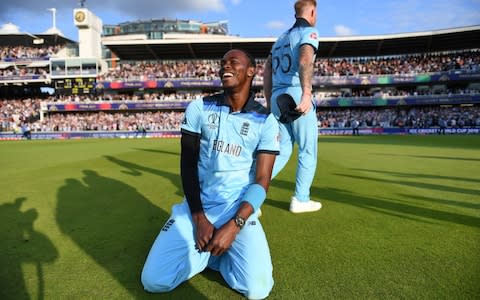 Archer celebrates England's win on the Lord's pitch - Credit: ICC