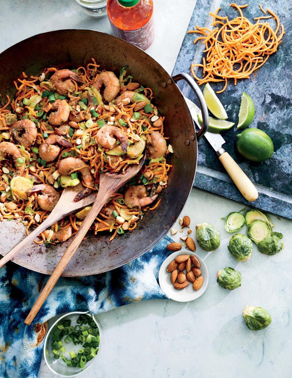 Sweet Potato Noodles with Shrimp and Thai-Style Almond Sauce