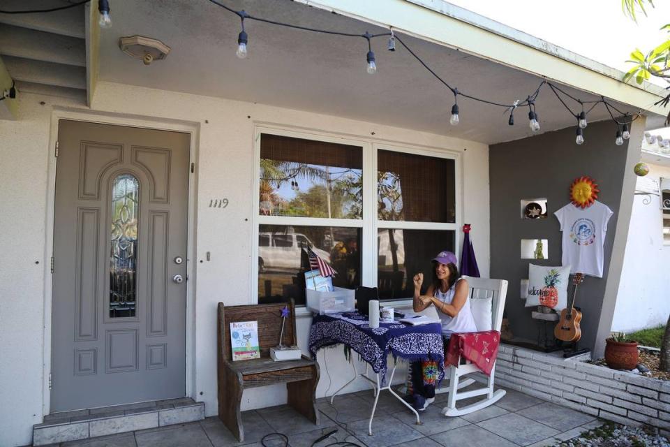 Sheryl Muñoz is a pre-K Broward County Public Schools teacher at Gulfstream Early Learning Center. On Monday morning, March 30, 2020, she sings and does sign language with her class from the front porch of her Hollywood home as all Broward County Schools have transitioned to online learning during the coronavirus outbreak.