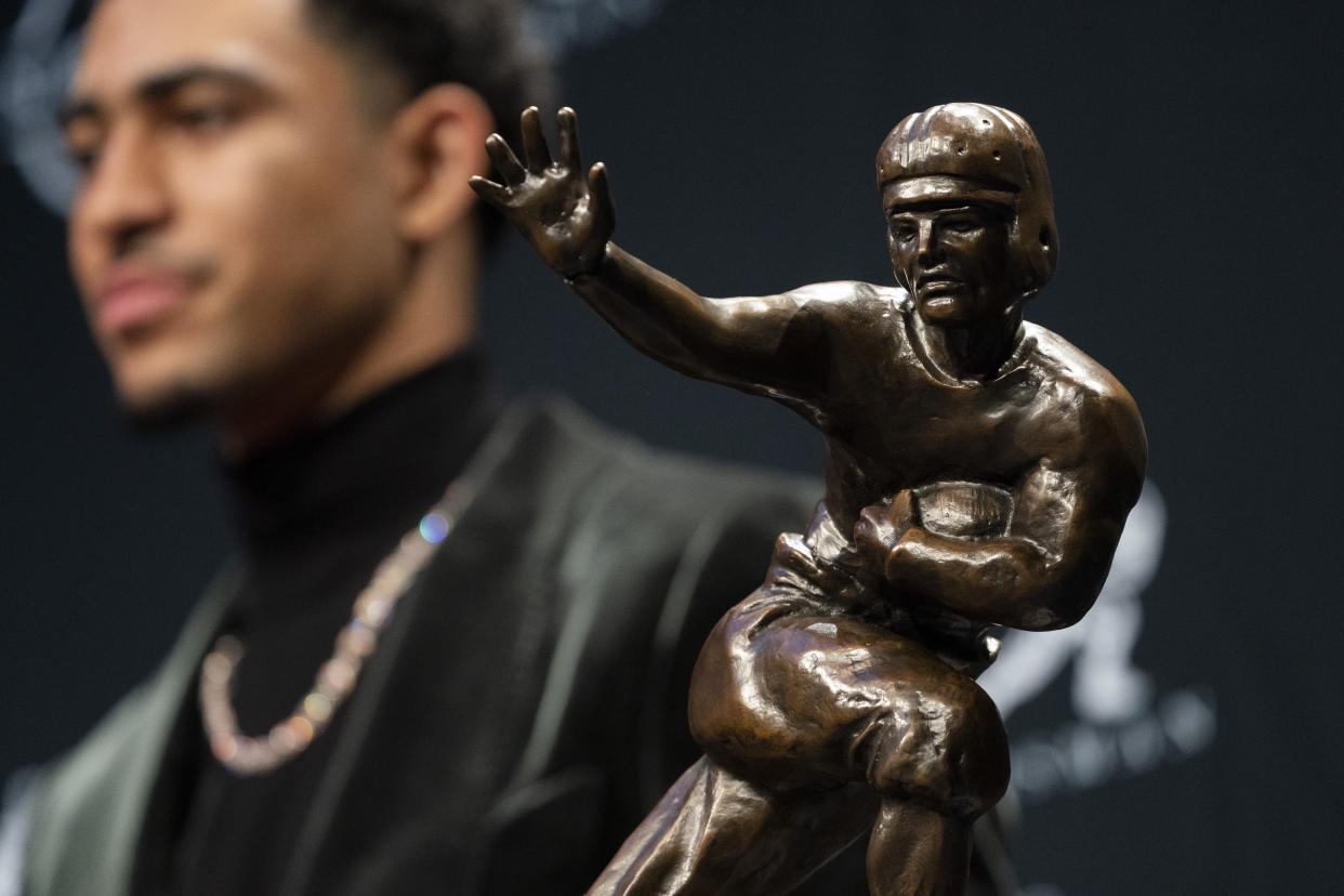 Alabama quarterback Bryce Young won the Heisman Trophy last year but he is not among the four finalists for the award this season. (AP Photo/John Minchillo)