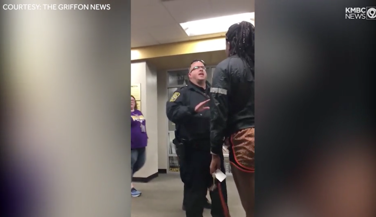 A black student at Missouri Western State University confronted a teen wearing a MAGA hat in an emotional video. (Screenshot: The Griffon News/KMBC 9 News)