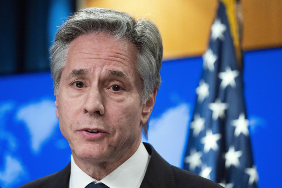 FILE - Secretary of State Antony Blinken speaks during a news conference at the State Department, March 13, 2024, in Washington. Blinken will travel to Israel this week as part of his sixth urgent mission to the Middle East since Israel's war with Hamas began in October. The previously unannounced stop comes as relations between the two countries have soured dramatically in recent weeks. (AP Photo/Manuel Balce Ceneta, File)