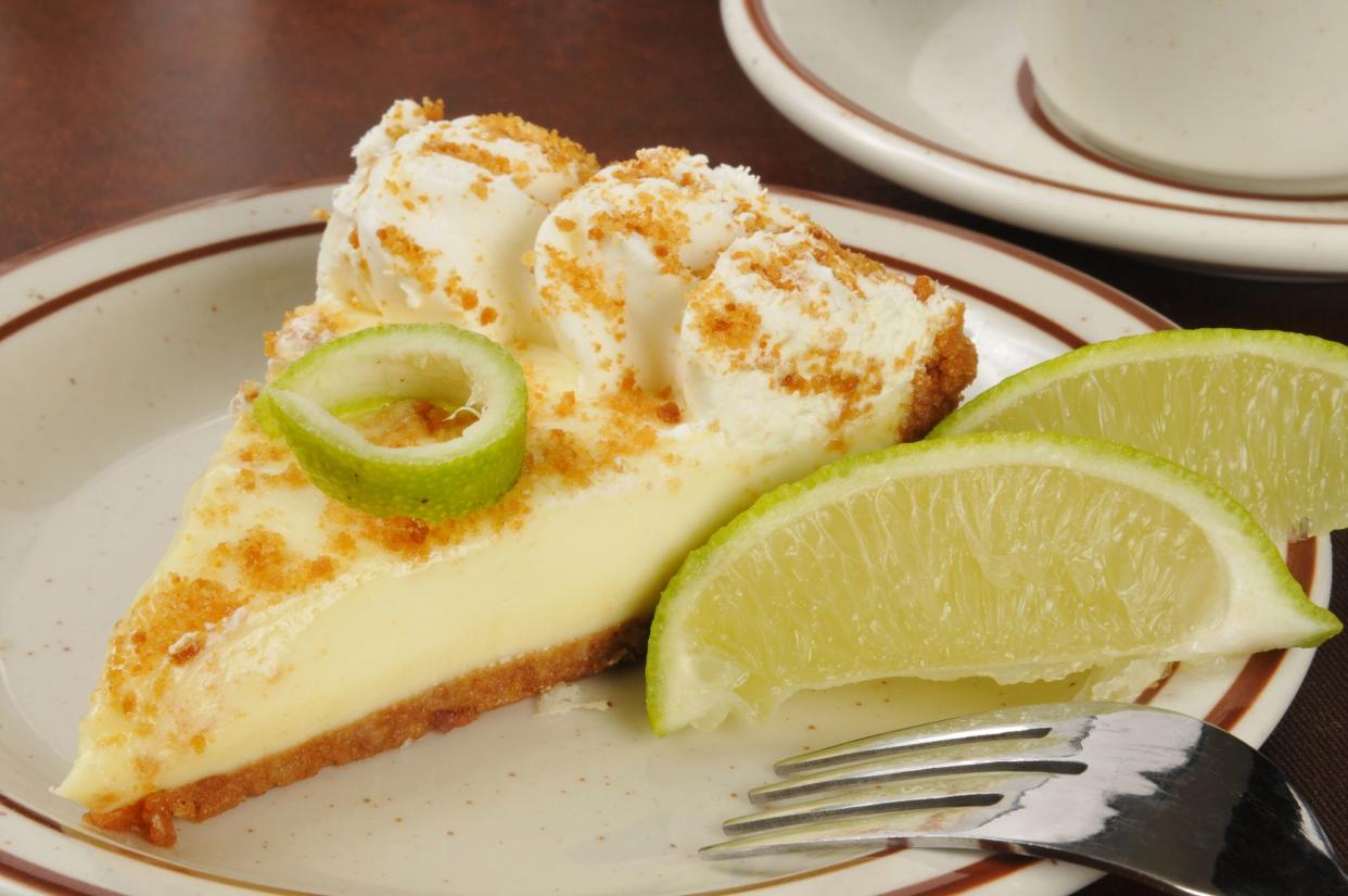 Closeup of a slice of key lime pie