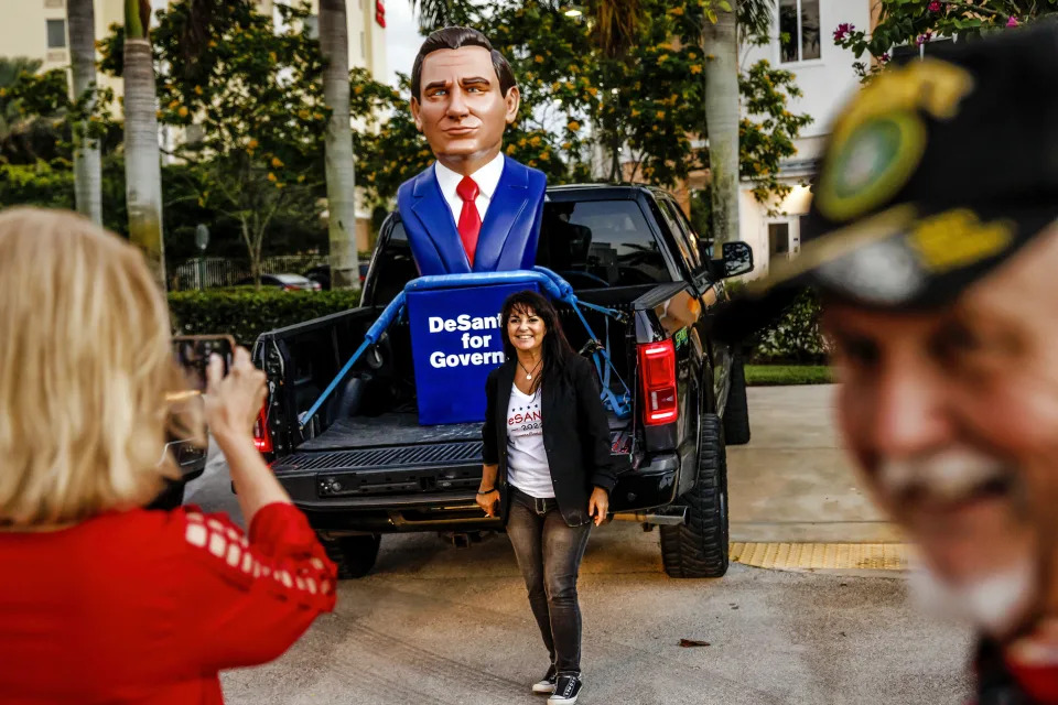 A sculpture of Gov. Ron DeSantis (R-Fla.) in Coconut Creek, Fla., on Nov. 4, 2022. (Scott McIntyre/The New York Times)