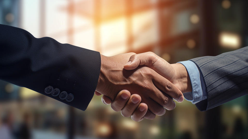 A close-up of hands shaking to signify a newly negotiated financial restructuring transaction.