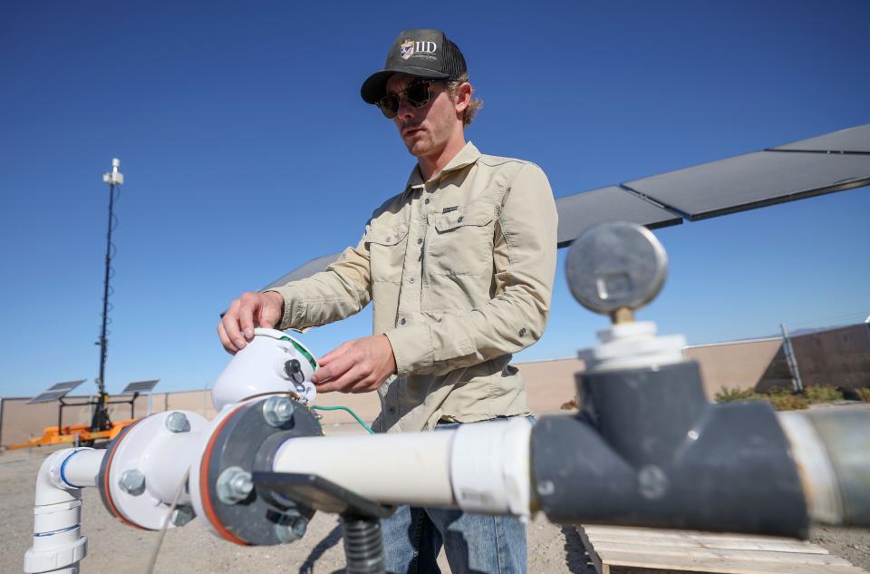 Ross Wilson, Imperial Irrigation District environmental specialist, shows a solar-powered pump station that is used to irrigate vegetation for dust suppression in Salton City, Calif., on Wednesday, Dec. 13, 2023. | Kristin Murphy, Deseret News