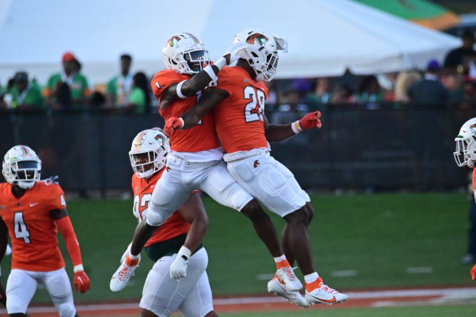 Florida A&M teammates, defensive back Lovie Jenkins (left) and Johnny Chaney celebrate a play during the Rattlers' Southwestern Athletic Conference game versus the Alabama State Hornets on Ken Riley Field at Bragg Memorial Stadium in Tallahassee, Florida, Saturday, Sept. 23, 2023. After All-SWAC seasons, Jenkins and Chaney are both in the NCAA Transfer Portal.