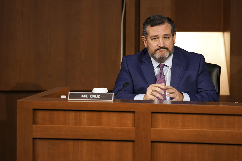 Sen. Ted Cruz, R-Texas, questions Supreme Court nominee Amy Coney Barrett during the third day of her confirmation hearings before the Senate Judiciary Committee on Capitol Hill in Washington, Wednesday, Oct. 14, 2020 (Greg Nash/Pool via AP)