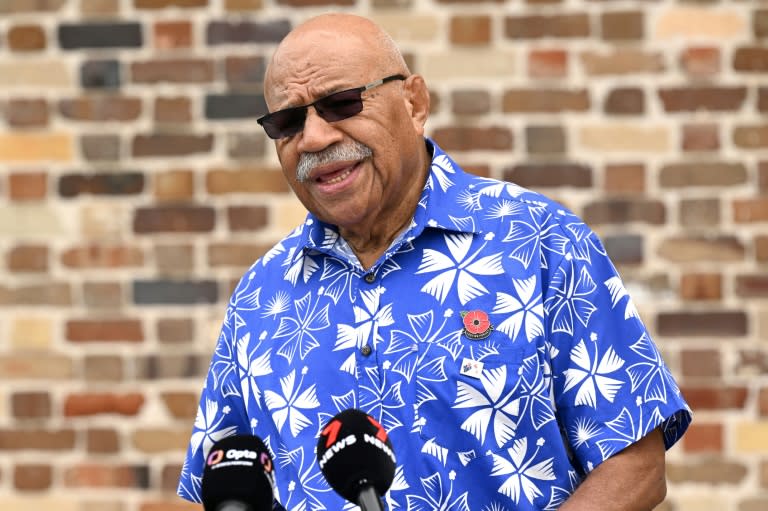 Fiji's Prime Minister Sitiveni Rabuka finished third for his age group in the shot put at the Oceania Athletics Championships in Suva (Saeed KHAN)