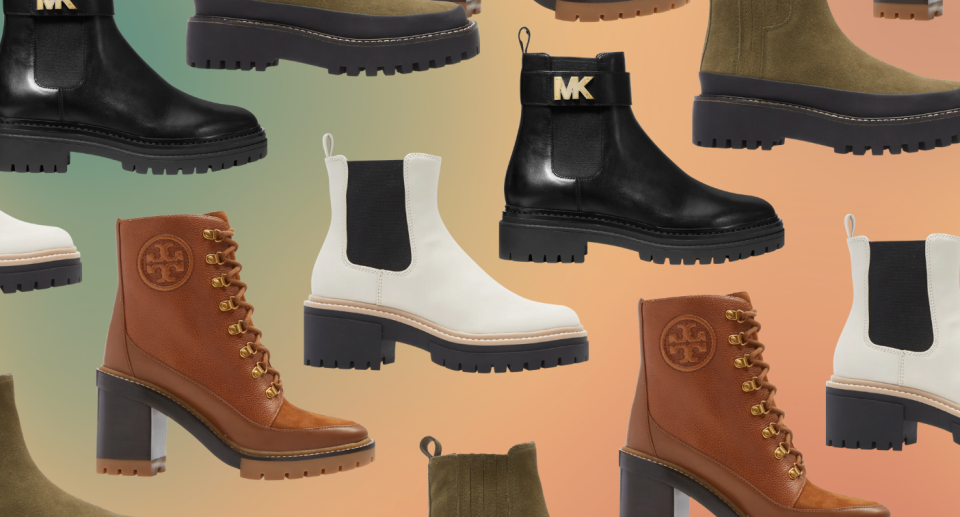 brown tory burch boots, white chelsea boots, black michael kors boots, suede green boots 