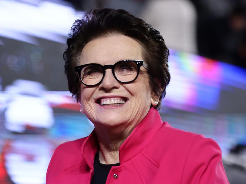 Tennis legend Billie Jean King looks on in a Women's Doubles semifinal match during 2021.