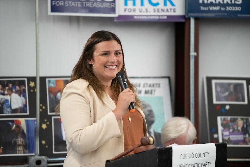 Bri Buentello speaks during a Pueblo County Democrat meeting ahead of a vote to appoint a replacement for Garrison Ortiz on the Board of County Commissioners on Friday, May 12, 2023.