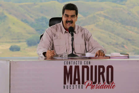 Venezuela's President Nicolas Maduro speaks during his weekly broadcast "En contacto con Maduro" (In contact with Maduro) in La Victoria, Venezuela November 20, 2016. Miraflores Palace/Handout via REUTERS