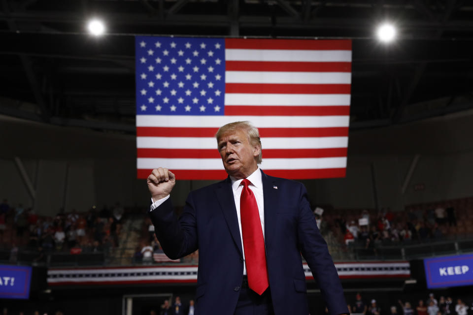 President Donald Trump reacts at the end of his speech at a campaign rally, Thursday, Aug. 15, 2019, in Manchester, N.H. (AP Photo/Patrick Semansky)