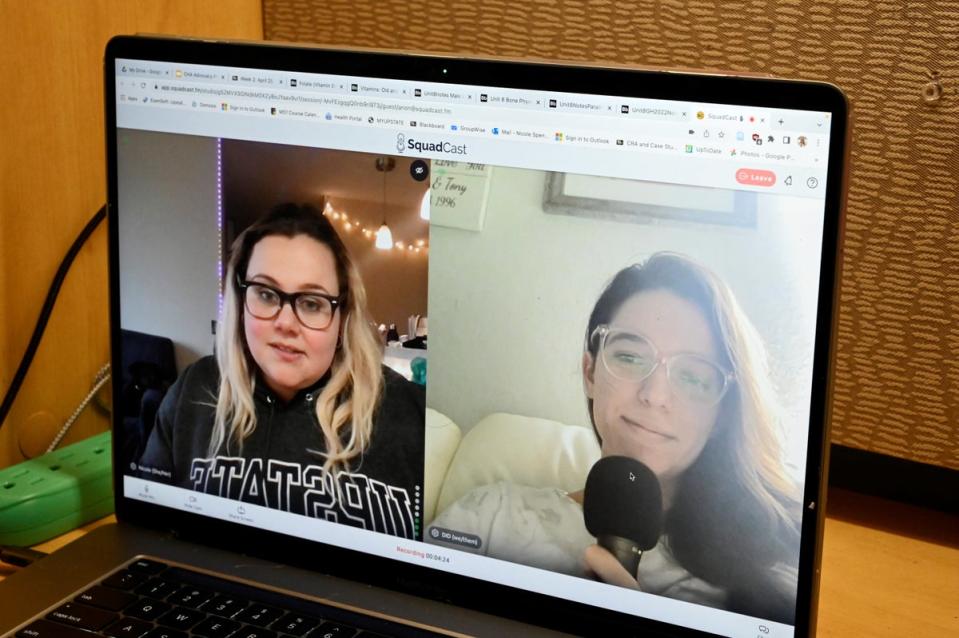 Haley Carey, who also has POTS, interviews Nicole about her medical condition. They met through social media, share similar symptoms and support each other (Reuters)