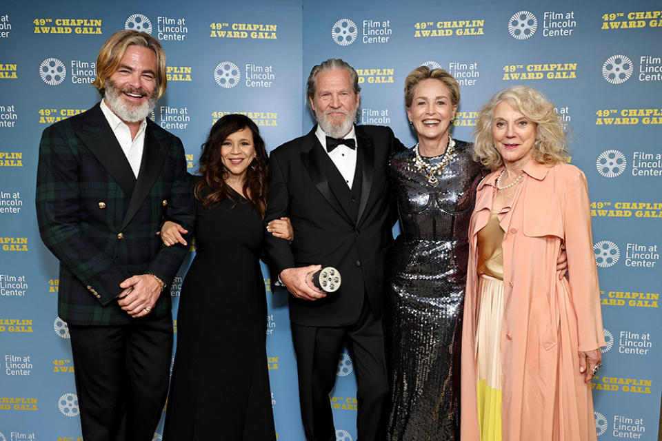 Chris Pine, Rosie Perez, Jeff Bridges, Sharon Stone, and Blythe Danner attend the 49th Chaplin Award Honoring Jeff Bridges at Lincoln Center on April 29, 2024 in New York City.