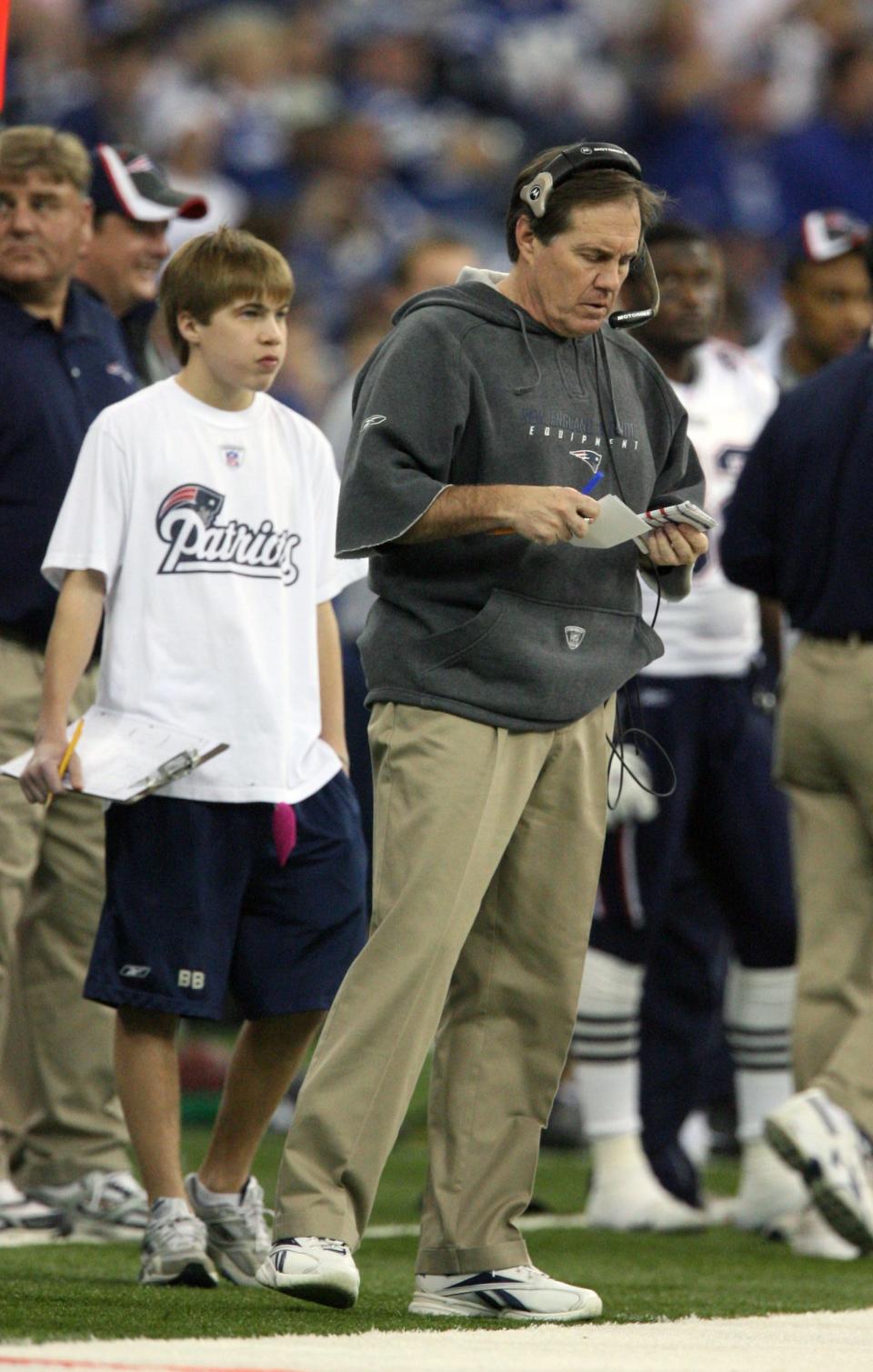 New England Patriots head coach Bill Belichick on the sidelines with son Brian Belichick during the 2007 AFC Championship game against the Indianapolis Colts at the RCA Dome. (Matthew Emmons-USA TODAY Sports)