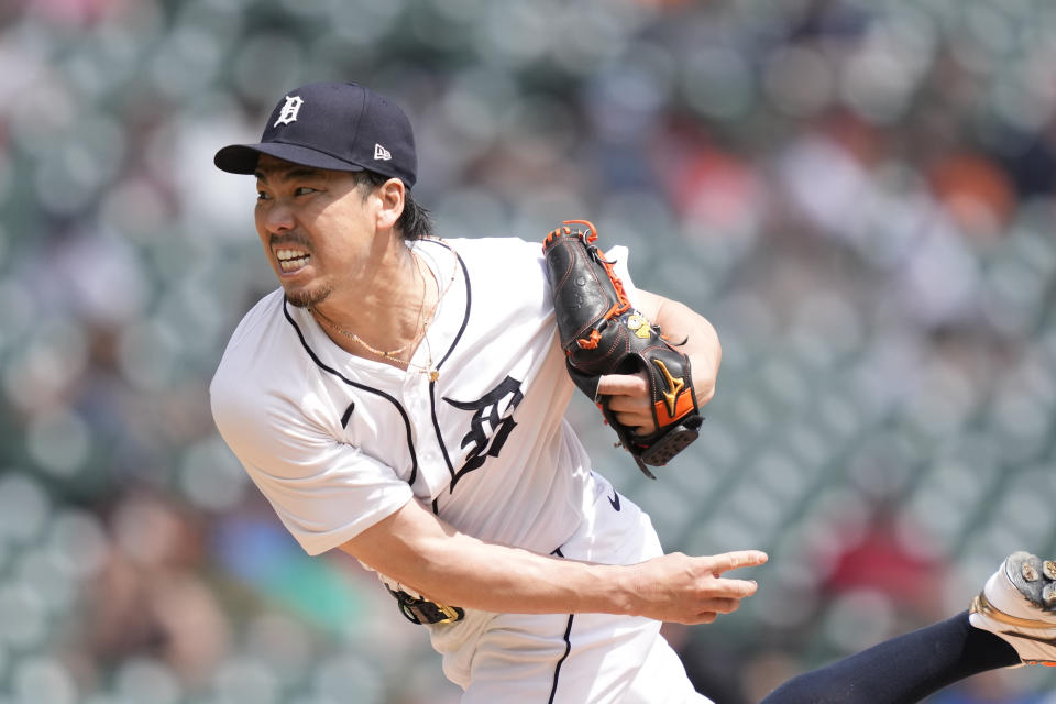 Kenta Maeda de los Tigres de Detroit lanza ante los Cardenales de San Luis, el miércoles 1 de mayo de 2024. (AP Foto/Carlos Osorio)