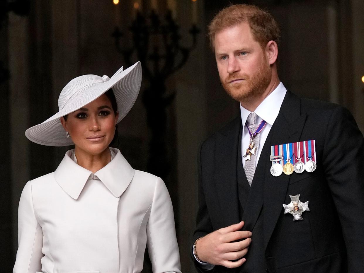Prince Harry and Meghan Markle, Duke and Duchess of Sussex leave after a service of thanksgiving for the reign of Queen Elizabeth II at St Paul's Cathedral in London, Friday, June 3, 2022 on the second of four days of celebrations to mark the Platinum Jubilee. The events over a long holiday weekend in the U.K. are meant to celebrate the monarch's 70 years of service