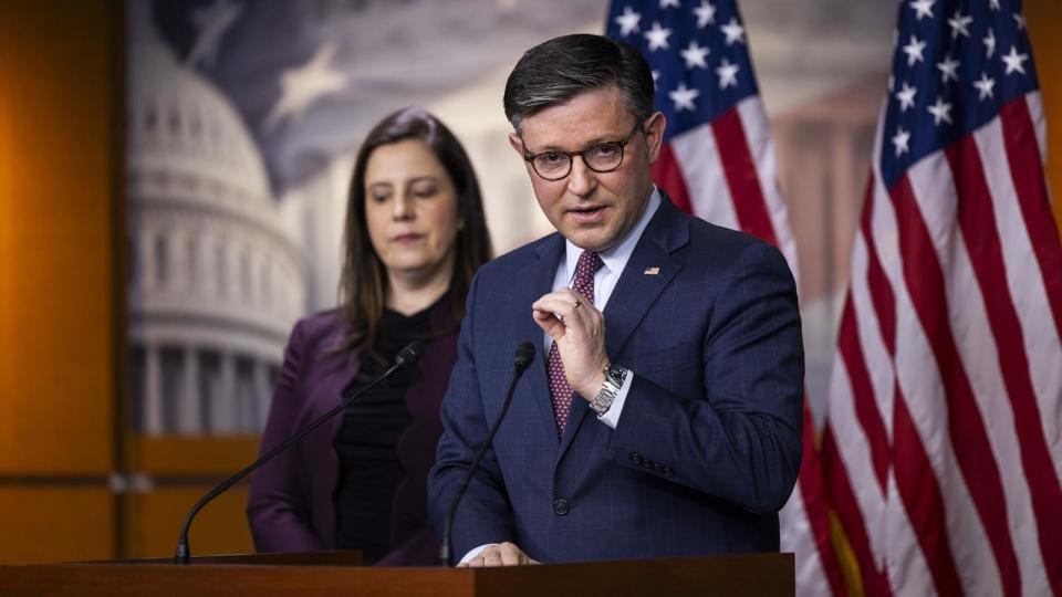 PHOTO: Speaker of the House Mike Johnson speaks to reporters about the upcoming impeachment vote on Homeland Security Secretary Alejandro Mayorkas, in the US Capitol in Washington, D.C., on Jan 30, 2024. (Jim Lo Scalzo/EPA via Shutterstock)