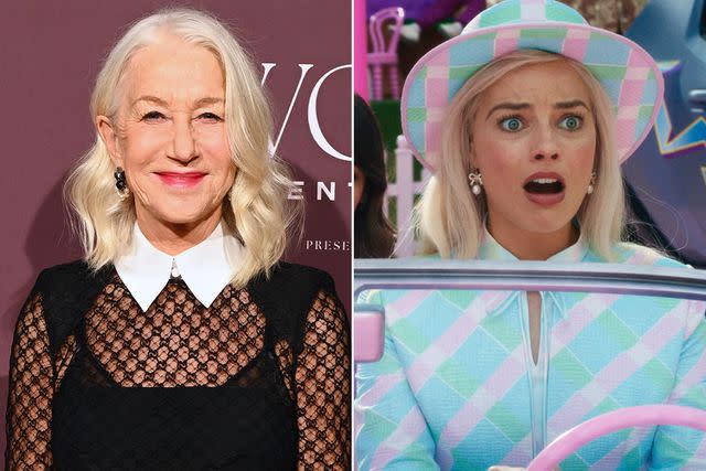 <p>Warner Bros;Araya Doheny/FilmMagic</p> Helen Mirren in Beverly Hills, California, on Dec. 7, 2023; Margot Robbie in <em>Barbie</em> (2023)