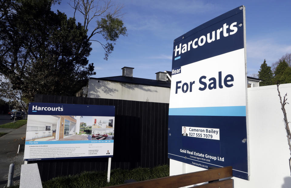 FILE - In this Aug. 13, 2018, file photo, a house is pictured for sale in Christchurch, New Zealand. New Zealand's government on Thursday, Feb. 25, 2021 made the first of several promised moves to rein in skyrocketing house prices by ordering the nation's Reserve Bank to consider the impact on housing when making decisions. (AP Photo/Mark Baker, File)