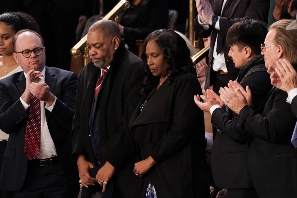 RowVaughn Wells, center, and Rodney Wells, mother and stepfather of Tyre Nichols, a 29-year-old Black man who was fatally beaten by Memphis police officers, are recognized during President Biden's State of the Union address on Feb. 7, 2023. / Credit: Nathan Howard/Bloomberg via Getty Images