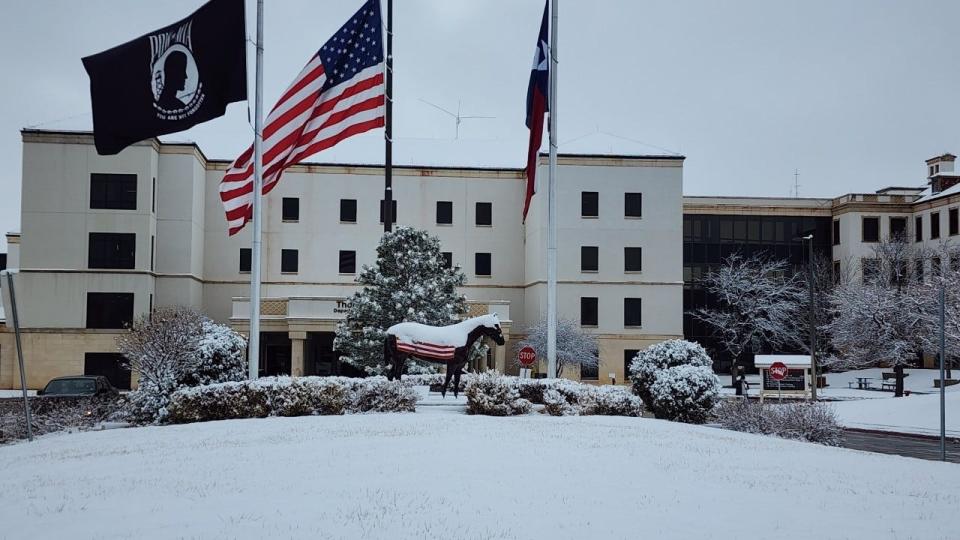 Snow covered the ground Tuesday morning at Thomas E. Creek Medical Center in Amarillo and most of Texas on Tuesday during a winter storm that passed through the area.