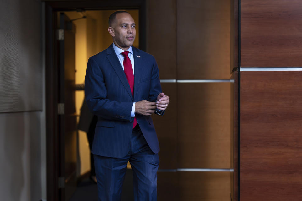 House Minority Leader Hakeem Jeffries, D-N.Y., arrives to speak to reporters after House Speaker Kevin McCarthy said he is launching an impeachment inquiry against President Joe Biden, at the Capitol in Washington, Tuesday, Sept. 12, 2023. (AP Photo/J. Scott Applewhite)